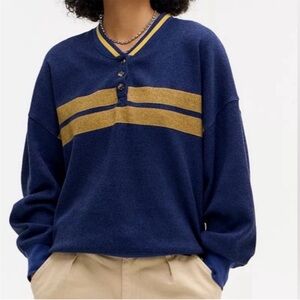 BDG Small Top Cameron Striped Thermal Long Sleeve Henley rugby thermal navy gold